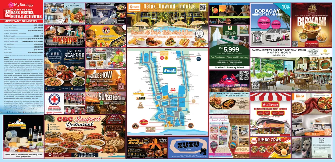 Back of the Boracay map, issue 49, showing the D'Mall shop directory and the island's bars, restaurants and emergency numbers