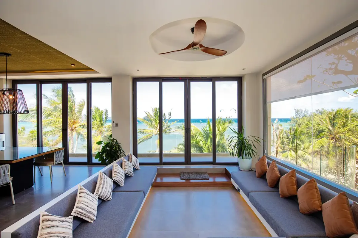 Sunken lounge seating by the windows