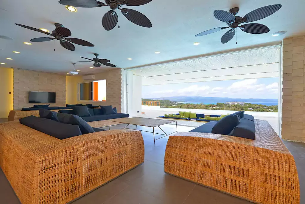 Living room with sea-view windows